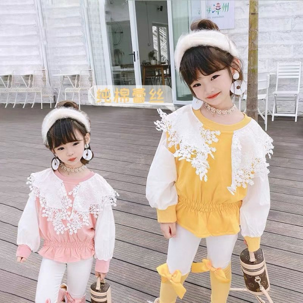 Girls Spring And Autumn Western Style Korean Suit 2021 New Lace Collar Sweater, Bottoming Shirt Princess Leggings Two-Piece Suit