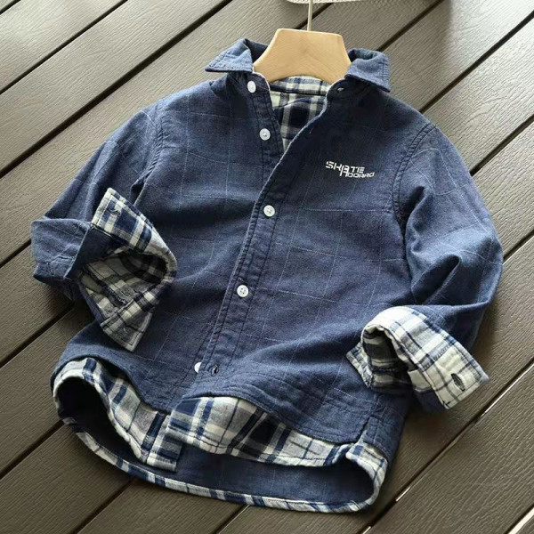 Soft ~ Boys Long Sleeve Shirt Spring and Autumn Style Children's Imitation Denim Shirt 2021 New Medium and Big Kids Lapel Top