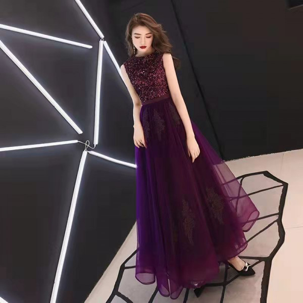 Sleeveless Long Elegant Purple Party Dress